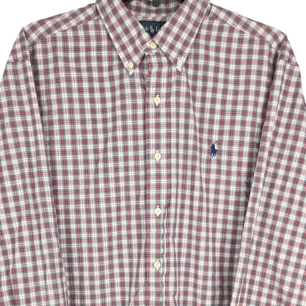 Ralph Lauren Button Down Shirt Mens Large Red Green White Plaid Classic‎ Fit